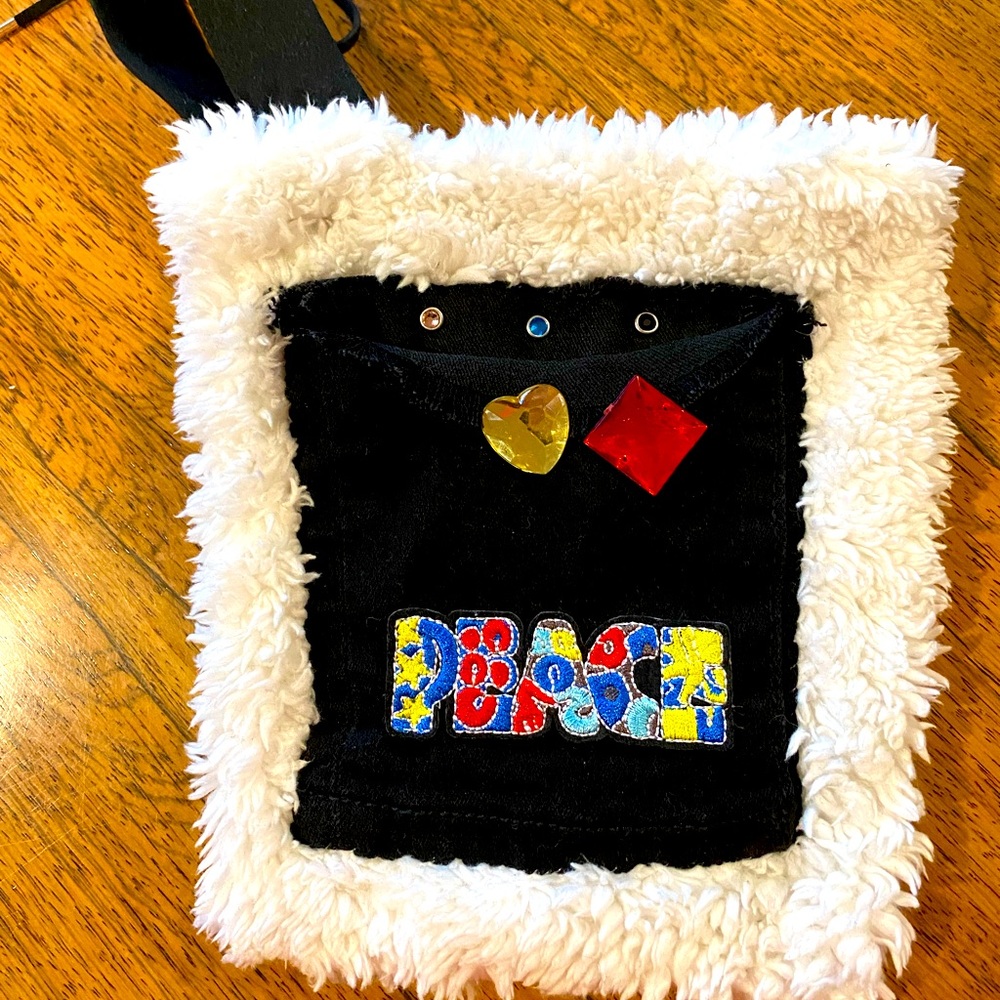 denim and sherpa .handmade Rawedge bags by Salina.short suede wristlet handle